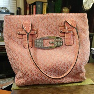 Gently Used Guess Y2K Tan “Tansy” Rhinestone Monogram Shoulder Bag/Tote in Peach